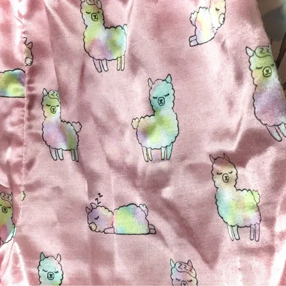 Justice Kids Pink Satin Shorts Rainbow Blue Yellow Sleeping Llama Pajama Bottoms - Picture 2 of 6